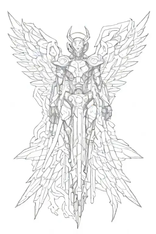 1 decaying angel wing and 1 mecha wing with Excalibur in the middle tattoo design idea