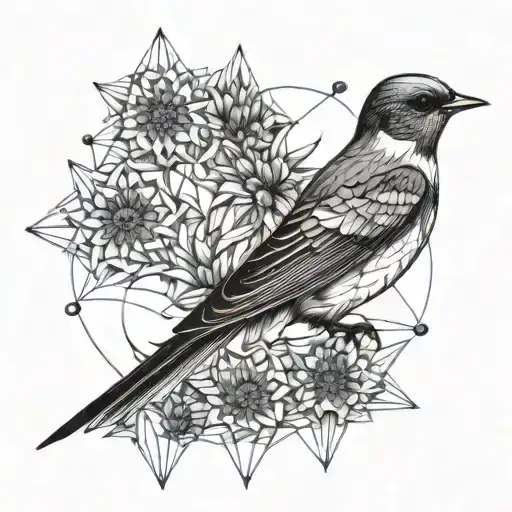 Swallow, Cornflower flowers, Neural Network tattoo design idea