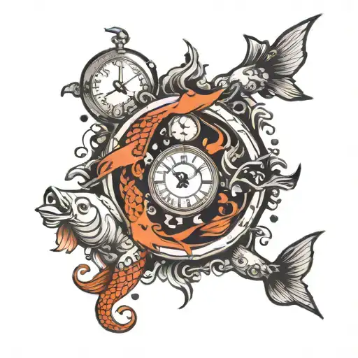 pisces with yinyang and clock melting tattoo design idea