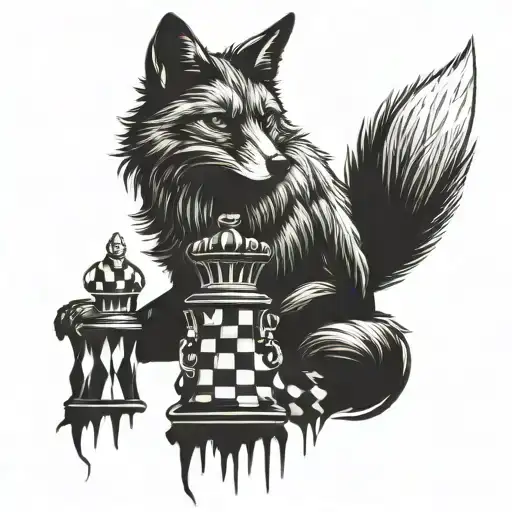 silhouette of a cunning and contented fox, which wraps its fluffy tail around the chess pieces tattoo design idea
