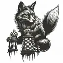 silhouette of a cunning and contented fox, which wraps its fluffy tail around the chess pieces tattoo design idea