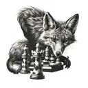 silhouette of a cunning and contented fox, which wraps its fluffy tail around the chess pieces tattoo design idea