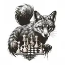 silhouette of a cunning and contented fox, which wraps its fluffy tail around the chess pieces tattoo design idea