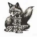 silhouette of a cunning and contented fox, which wraps its fluffy tail around the chess pieces tattoo design idea