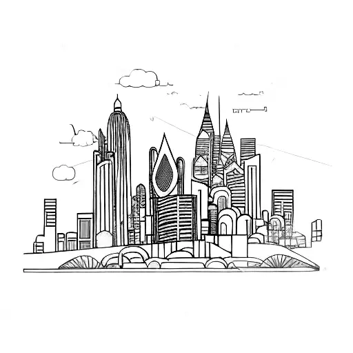 A tattoo of a cityscape with vibrant colors, where the buildings are shaped like musical instruments tattoo design idea