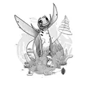 A tattoo of Lilo and Stitch exploring the beautiful landscapes of Greece tattoo design idea