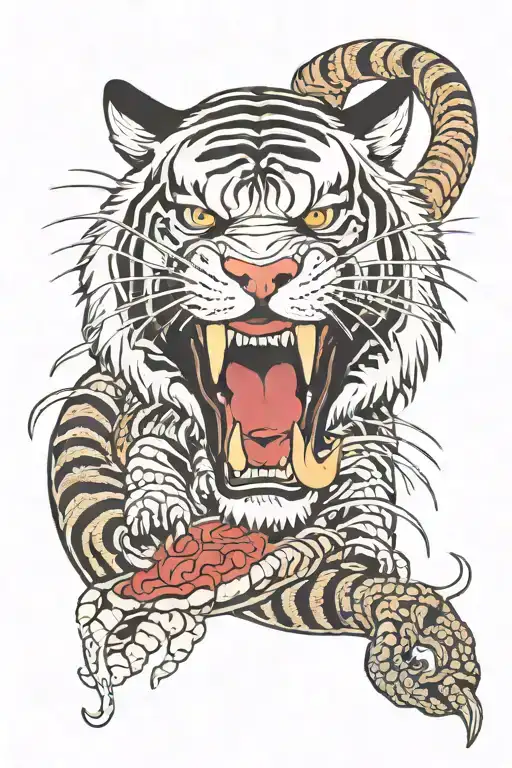 Japanese inspired tiger with jaws open and evil snake wrapped around it. Fighting  tattoo design idea