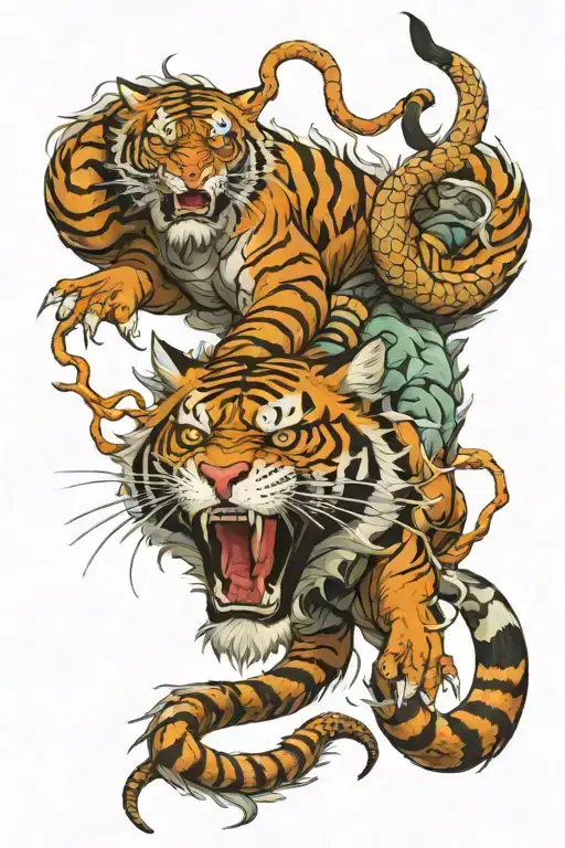 Japanese inspired tiger with jaws open and evil snake wrapped around it. Fighting  tattoo design idea