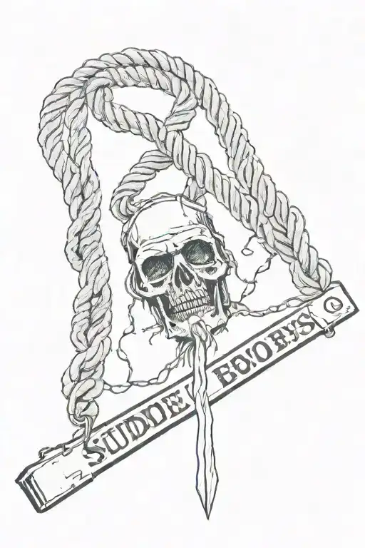 suicideboys theme. noose. cop hanging from a noose. razorblades. blood. death. fuckthepopulation written underneath. tattoo design idea
