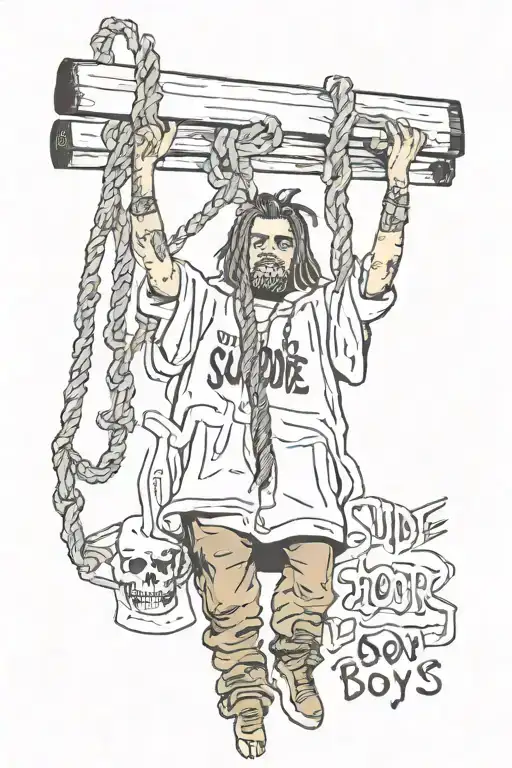suicideboys theme. cop hanging from a noose. razorblades. fuckthepopulation written underneath. tattoo design idea