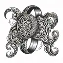 Illustrate a cosmic wedding ring with the Virgo and Taurus symbols intertwined, symbolizing eternal love and commitment tattoo design idea