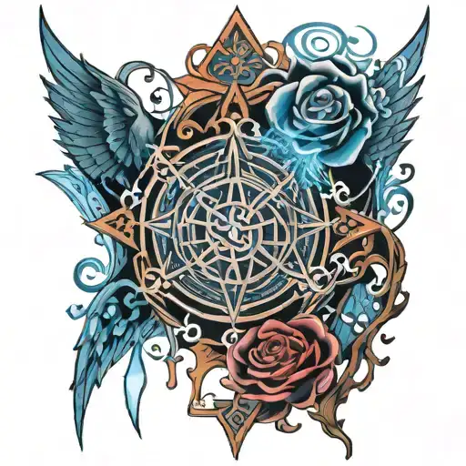Magic, Gothic, Runes, Sigils, Flame, Ice, Dark Colorations, Blue, Black, Dark Magic. Rose, Dark Rose, Markings, tattoo design idea