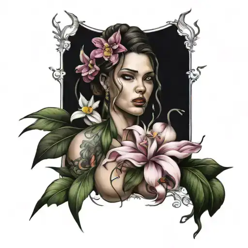 Roman Girl with Cattleya's around  tattoo design idea
