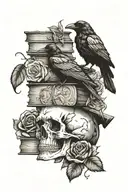 raven sitting on skull and books surrounded with roses and pumpkin tattoo design idea