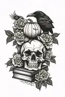 raven sitting on skull and books surrounded with roses and pumpkin tattoo design idea
