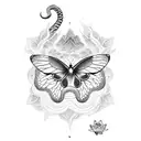 A mystical scene with a snake, butterfly, and lotus flower merging into a single entity tattoo design idea