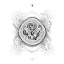 A mystical scene with a snake, butterfly, and lotus flower merging into a single entity tattoo design idea