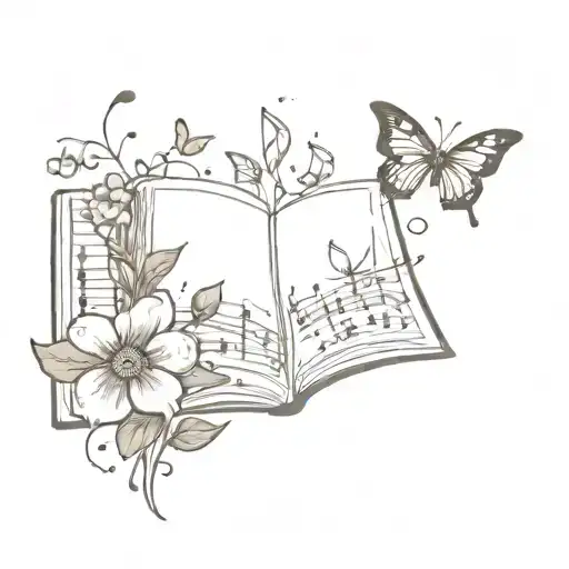open book with music notes, flowers, and butterflies coming out of it tattoo design idea