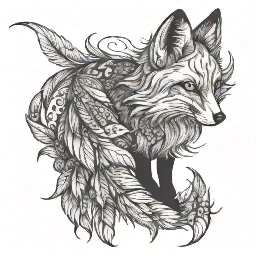 fox with feathers hanging tattoo design idea