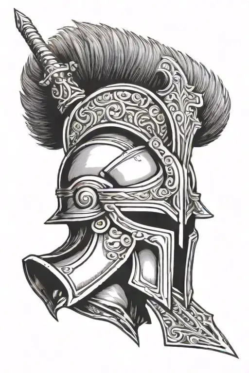 ares helmet with sword in the background black and white tattoo design idea