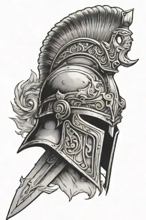 ares helmet with sword in the background black and white tattoo design idea