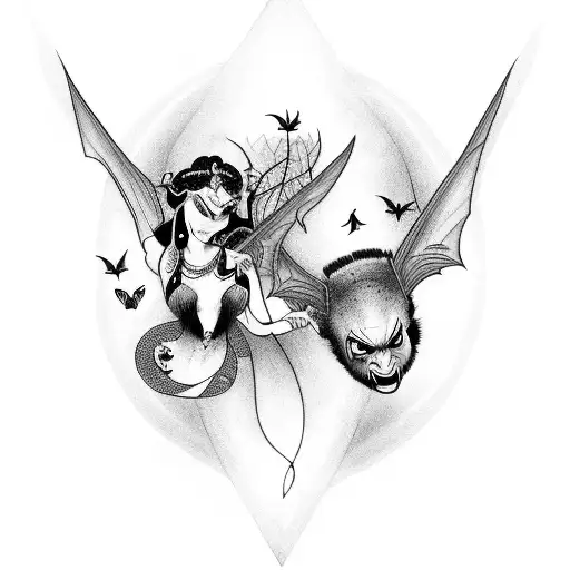 hades and persephone with bats and butterflies tattoo design idea