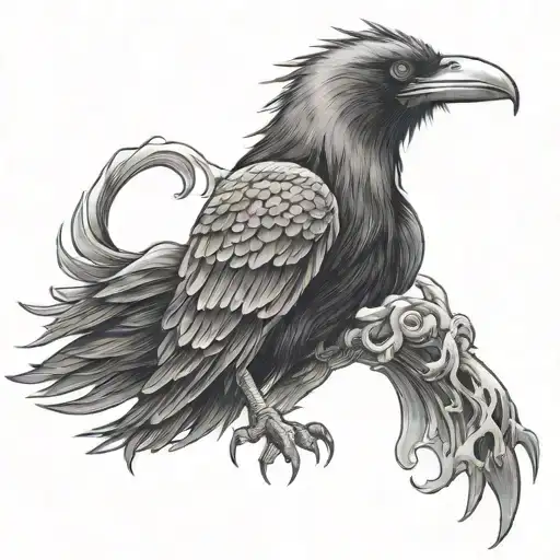 old mill samura full body oni japanese crow sitting tattoo design idea