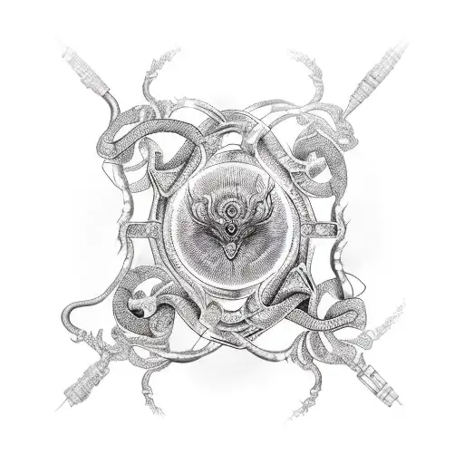 An intricately designed circuit board with mythical creatures intertwined tattoo design idea