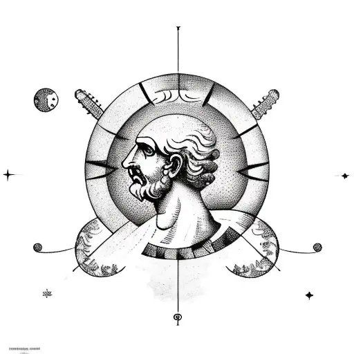An ancient Greek philosopher surrounded by a celestial map tattoo design idea