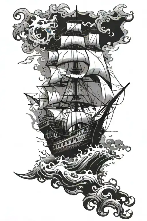 bottom of tattoo shows bottom of the sea with shipwrecks. moving up shows kraken fighting a wooden warship tattoo design idea