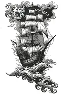 bottom of tattoo shows bottom of the sea with shipwrecks. moving up shows kraken fighting a wooden warship tattoo design idea