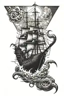 bottom of tattoo shows bottom of the sea with shipwrecks. moving up shows kraken fighting a wooden warship tattoo design idea
