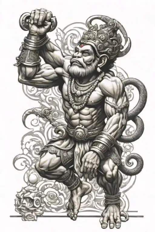 hanuman with other elements in action on arm that spreads to tricep and little bit till the elbow  tattoo design idea
