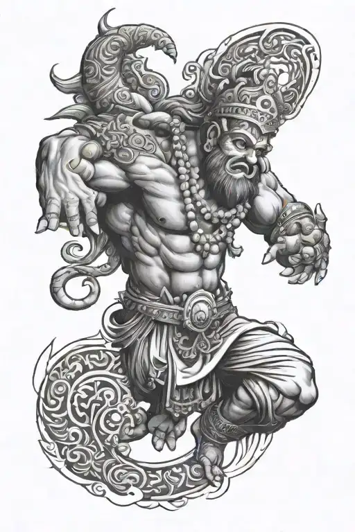 bajranbali with other elements in action on arm that spreads to tricep and little bit till the elbow  tattoo design idea