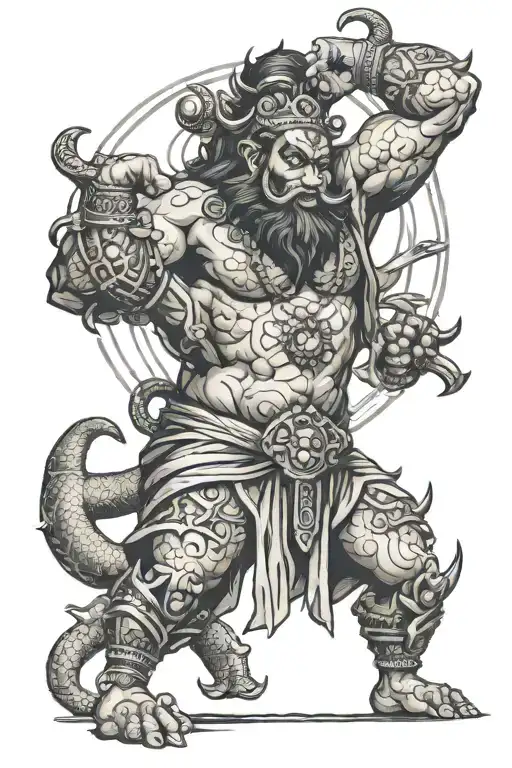 bajranbali with other elements in action on arm that spreads to tricep and little bit till the elbow  tattoo design idea
