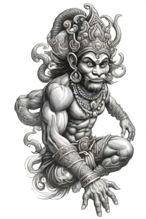 hanuman with other elements in action on arm that spreads to tricep and little bit till the elbow  tattoo design idea