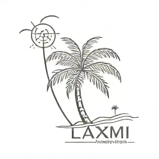 palm tree, beach sunset with the name of laxmi tattoo design idea