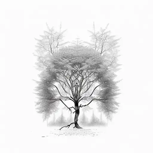 a tall tree with twisting branches and blowing leaves tattoo design idea