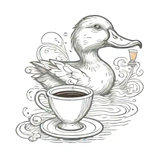 A swimming duck holding a coffee cup and a wine glass in its beak, showcasing the client's love for both tattoo design idea