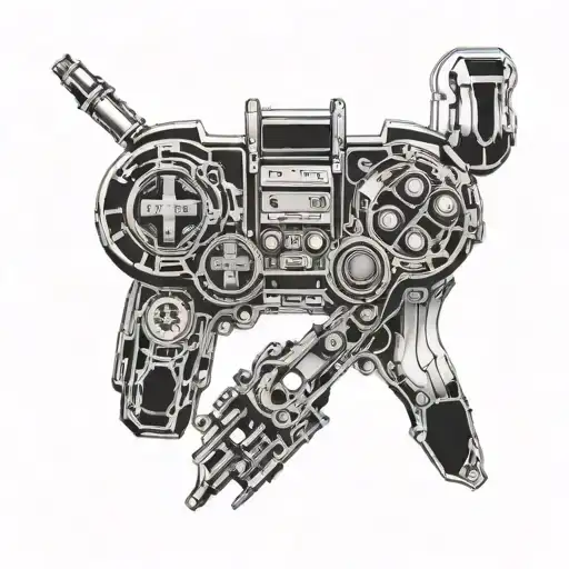 A biomechanical design incorporating elements from Nintendo Switch controllers and biomedical tools tattoo design idea