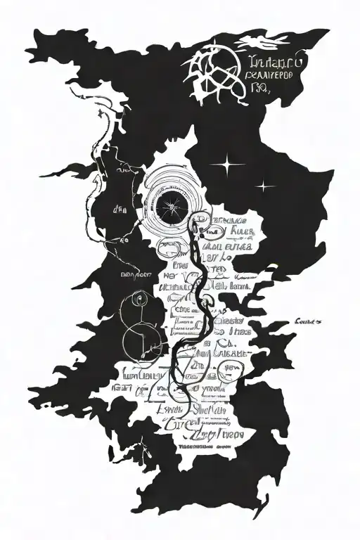 Tolkien, lord of the rings maps, books stacked and letters strewn all around, the one ring in the middle tattoo design idea
