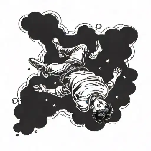 Black and white falling man on his back with the trace in the sky tattoo design idea