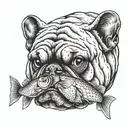 bulldog with long eyelashes eating a fish with a supernatural touch tattoo design idea
