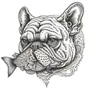 bulldog with long eyelashes eating a fish with a supernatural touch tattoo design idea