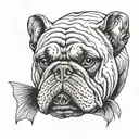 bulldog with long eyelashes eating a fish with a supernatural touch tattoo design idea