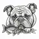 bulldog with long eyelashes eating a fish with a supernatural touch tattoo design idea