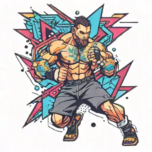 An MMA fighter in a new-school style with vibrant colors and geometric shapes tattoo design idea