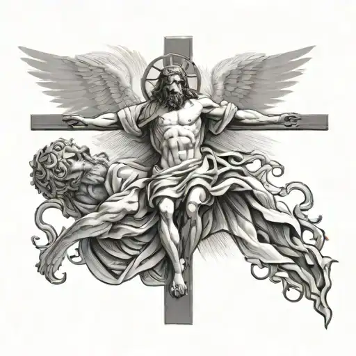 Jesus on the crucifix above Saint Michael  in a black-grey style tattoo design idea