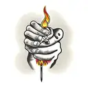 hand holding lit match tattoo design idea