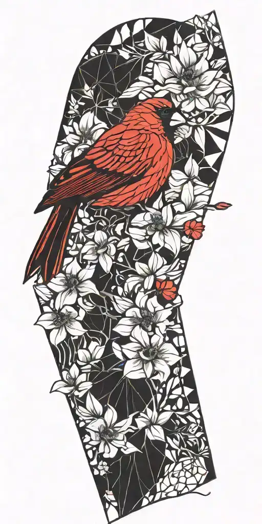 the lower half has a bright red cardinal and the background being black out geometric design that fades into flowers tattoo design idea